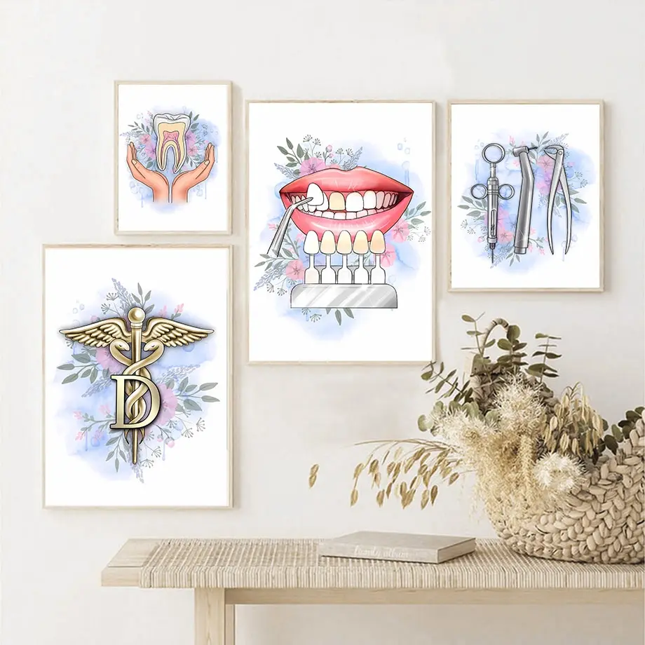 Абстрактная Акварель, Анатомия зубов, цветочные плакаты с кадуцеем и печатные подарочные стоматологические картины на стенах, клинические декоративные изображения