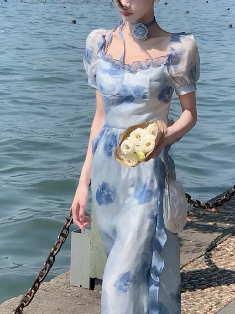 2023 Летнее элегантное платье Миди, женское пляжное праздничное платье с цветочным рисунком, Офисное Женское цельное платье с коротким рукавом, Корейская мода, шик