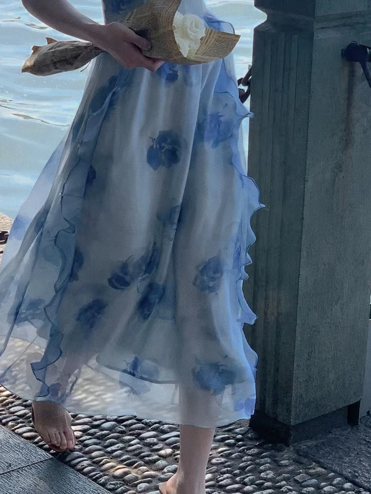 2023 Летнее элегантное платье Миди, женское пляжное праздничное платье с цветочным рисунком, Офисное Женское цельное платье с коротким рукавом, Корейская мода, шик