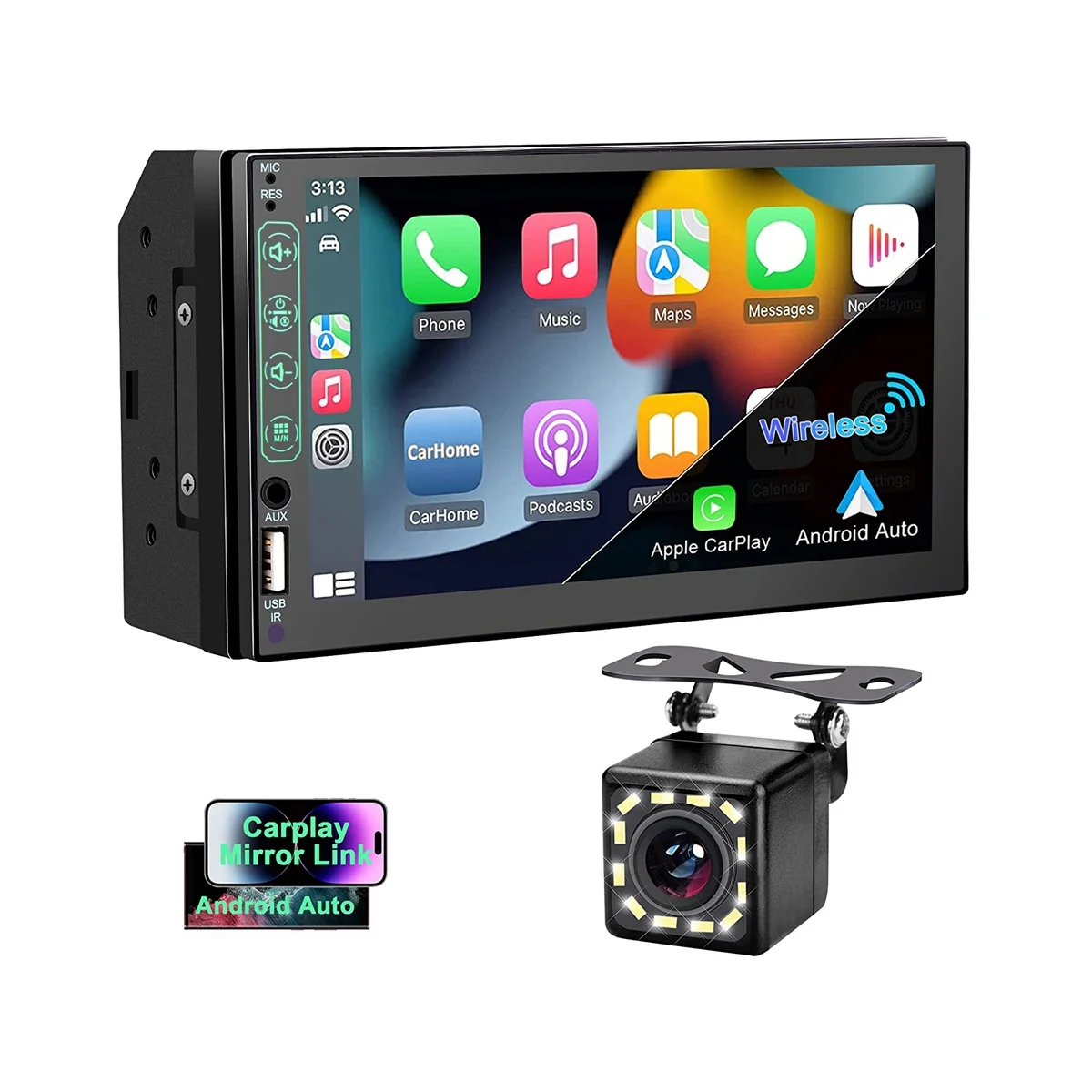 7-дюймовый Автомобильный Стерео HD Сенсорный экран с Двойным DIN, Carplay Android Auto, Резервная Камера 12LED, Зеркальная Связь, USB/AUX, FM-Автомагнитола