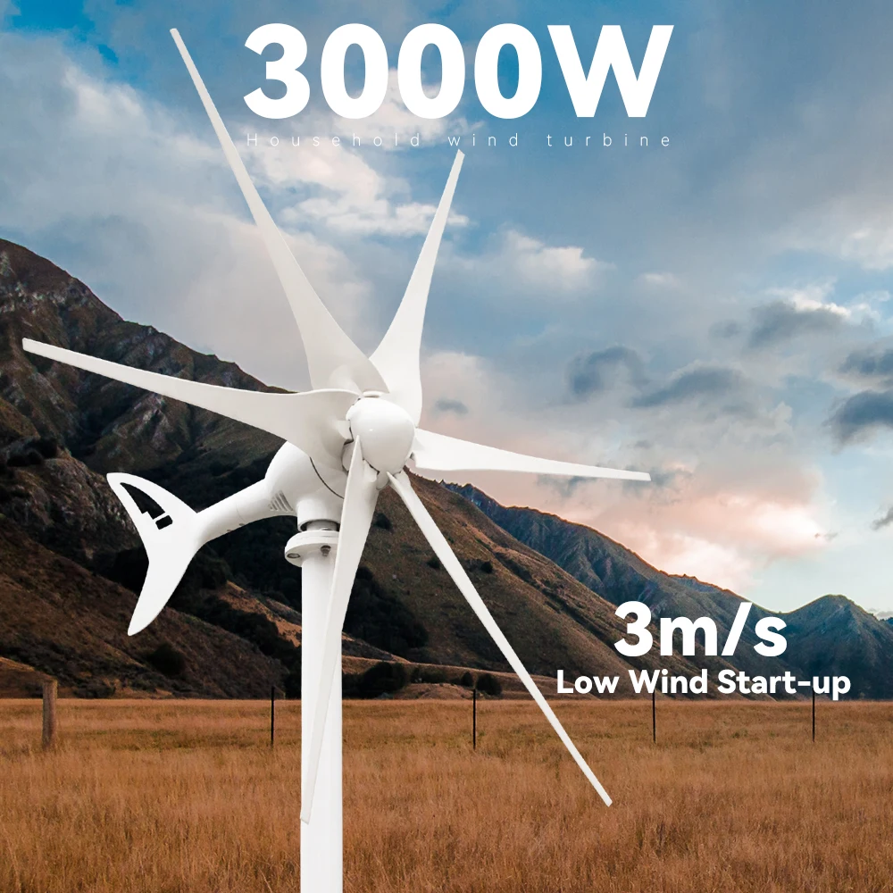 Бытовая горизонтальная ветряная турбина с 6 лезвиями Мощностью 3000 Вт, напряжение зарядки 12 В 24 в 48 В, Опция, автономная система, Поставка с завода в Китае