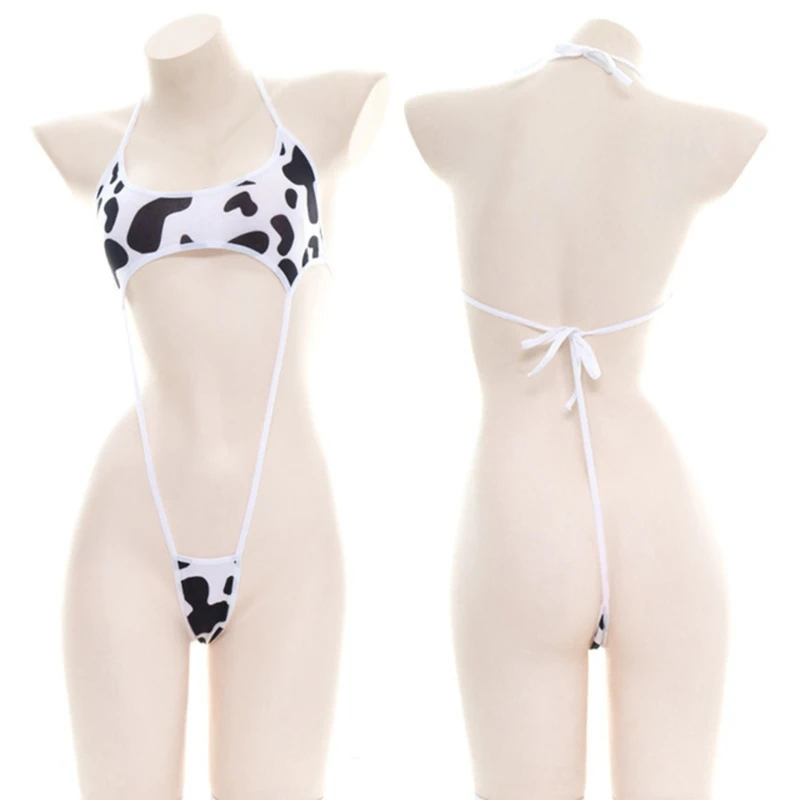 Женское Нижнее белье, мини-боди Babydoll с V-образным вырезом и принтом Коровьего молока, сексуальная Эротическая пижама с открытой спиной