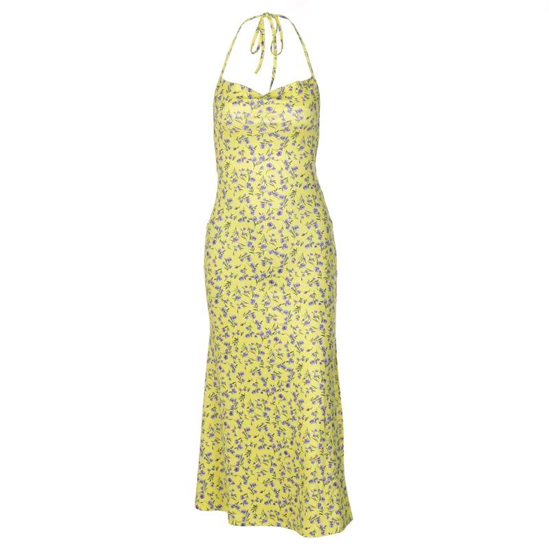 Женское весенне-летнее платье на шнуровке с небольшим разрезом в виде цветка, сексуальное длинное платье на подтяжках с открытой спиной