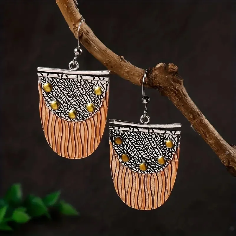 Этнические бронзовые серьги-крючки в форме полукруга, Винтажные металлические Двухцветные серьги с резьбой ручной работы для женщин, ювелирные изделия