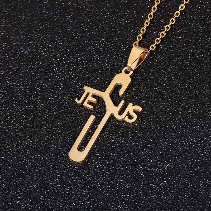 Ожерелье с подвеской в виде Креста Иисуса из нержавеющей стали, серебряное ожерелье с буквами для женщин, мужские аксессуары для христианских украшений