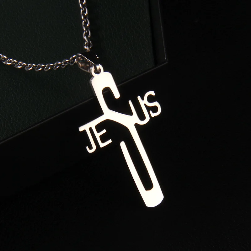 Ожерелье с подвеской в виде Креста Иисуса из нержавеющей стали, серебряное ожерелье с буквами для женщин, мужские аксессуары для христианских украшений