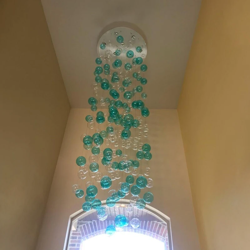 Подвесной светильник из выдувного стекла ручной работы, светодиодная круглая хрустальная люстра для художественного оформления лестничной клетки, гостиной, вестибюля.