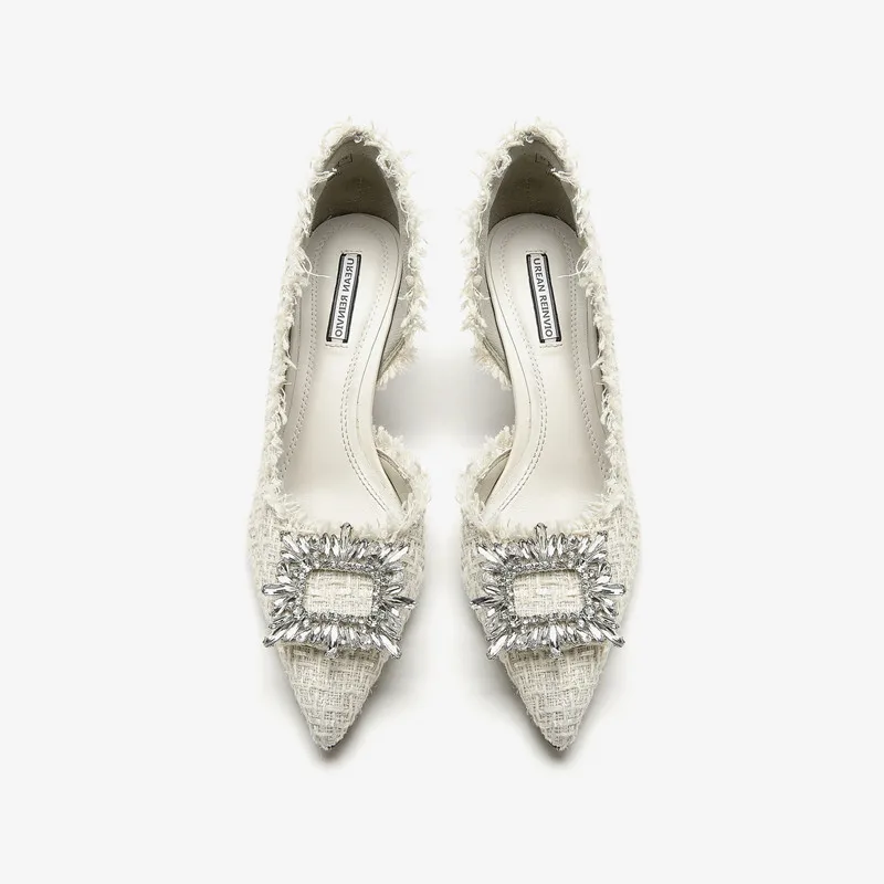 Тонкие туфли со стразами и пряжкой белый лунный свет на тонком остром каблуке модные легкие женские туфли из зрелого твида